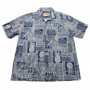 Blue Hawaii Men's XL Aloha Shirt Pineapple Monstera Navy Block Print Made in USA